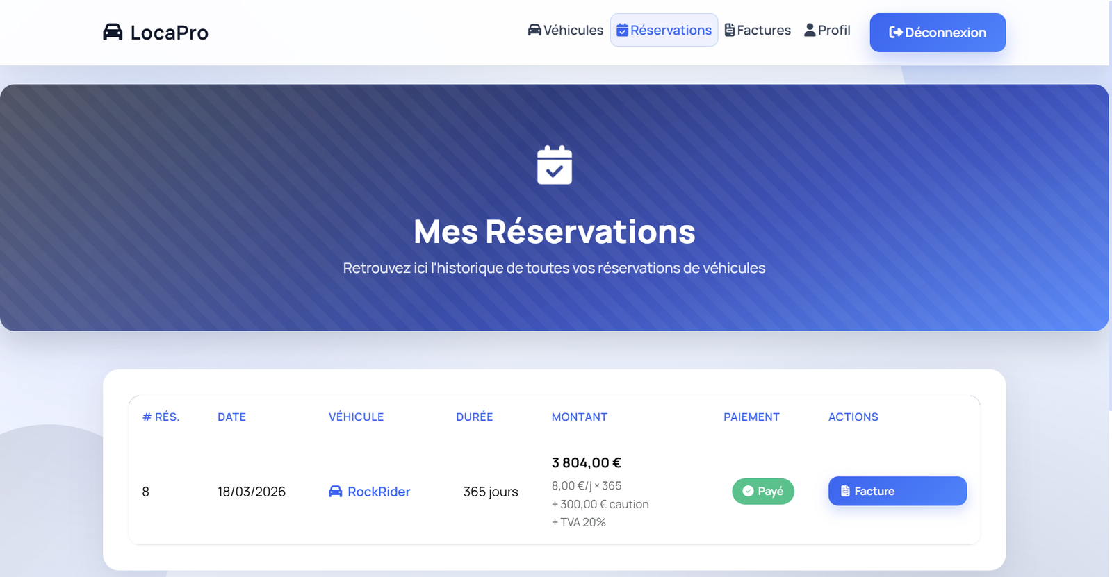 Mes réservations client LocaPro